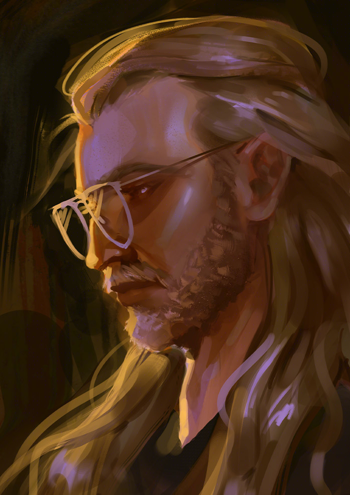 A digital self-portrait of a blonde man with long hair, a beard, and glasses